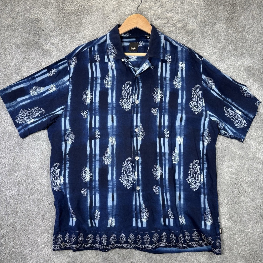 Vintage Mossimo Camp Shirt Mens L Blue Striped Paisley Print Rayon Hong Kong Y2K